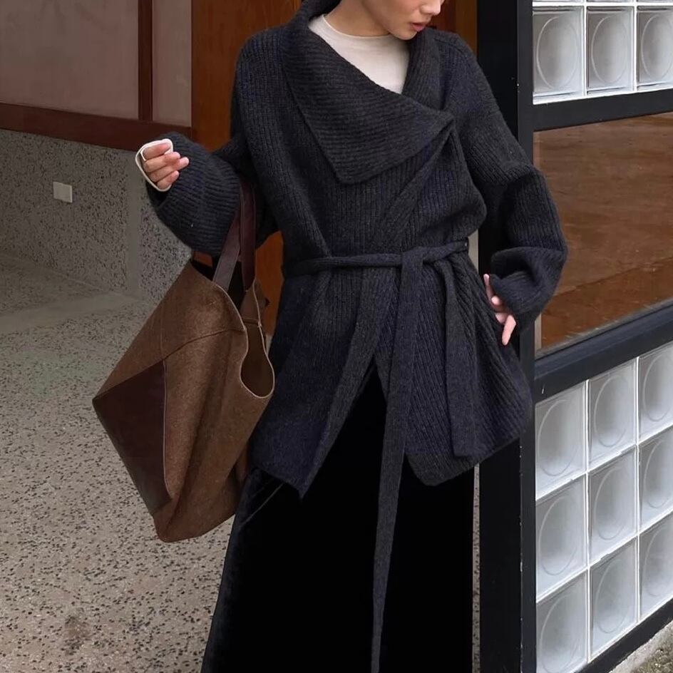 長袖 紐ベルト付き ヒップ丈 ニットカーディガン YH9753