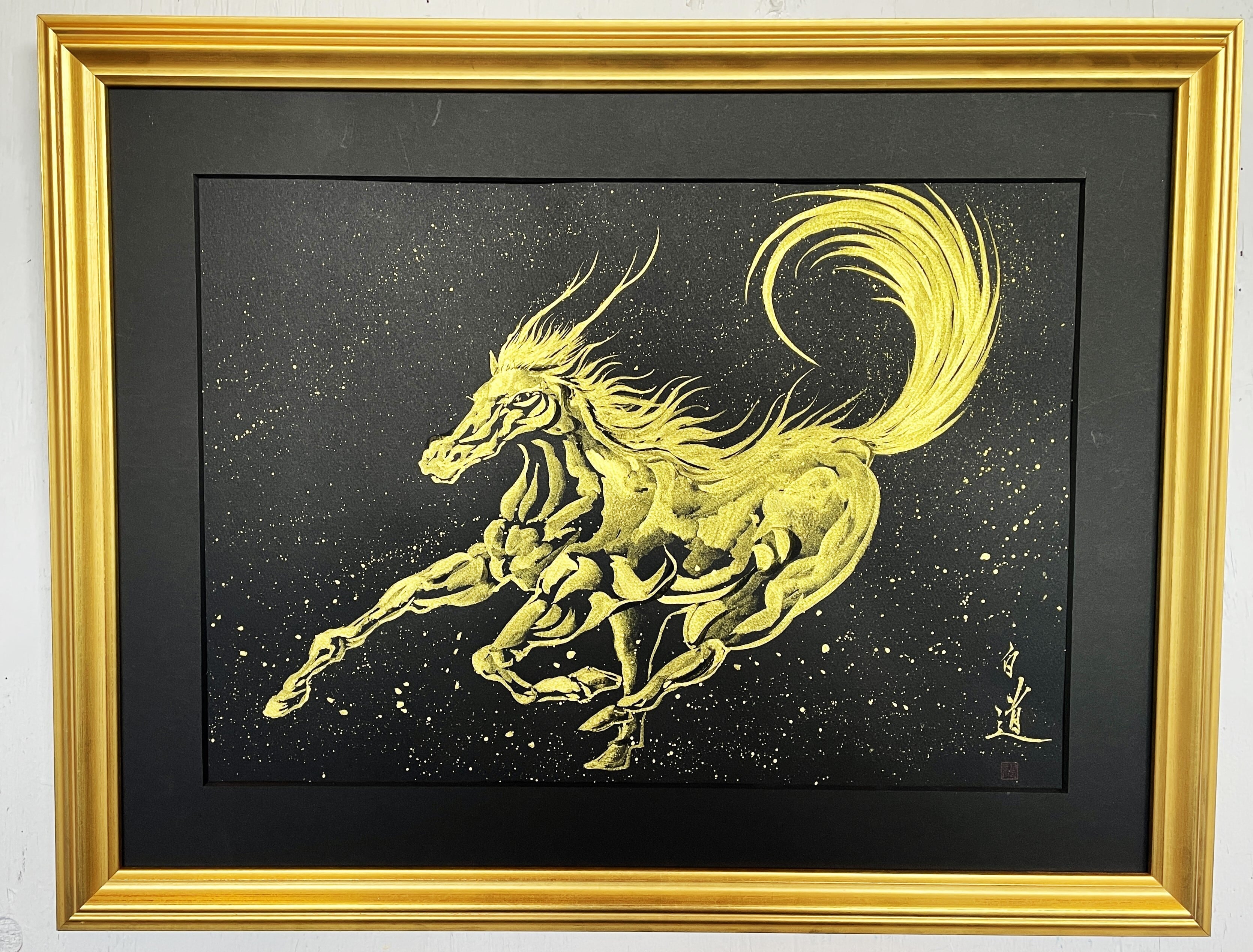 現代水墨画家 絵師白道 「龍馬」（黒金） 直筆作品 証明書カード付 龍