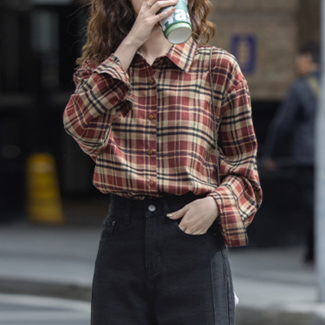 retro red ccheck casual long sleeved shirt