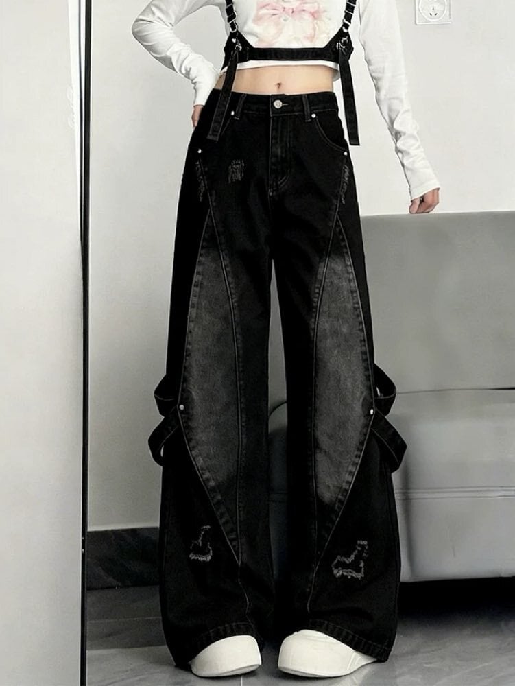 雰囲気で魅せる最旬ストリート グランジデザインダメージデニム お洒落 こなれ感 大人 カジュアル Y2K 脚長 美脚 大きいサイズ 韓国 CH11540