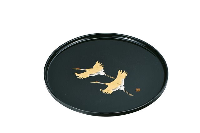 36-5212 12.0持手付長手盆 黒 秋草 Black Tray with Handle Flower and Fan