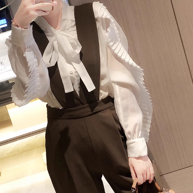 Ribbon and frill pleated blouse A728