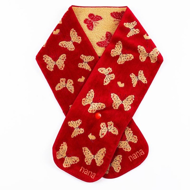 マフラー　横浜ナナ　湘南ナナ　 NANA　ボタン付きナロータオルマフラー　パピヨン柄　アカベージュ　nn-tmf7-G