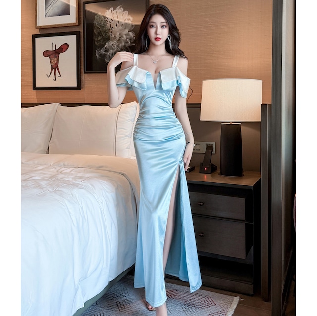 【2色】ロングドレス キャバドレス セクシー デコルテ魅せ スリット入り フォーマルドレス JC2-JX5825