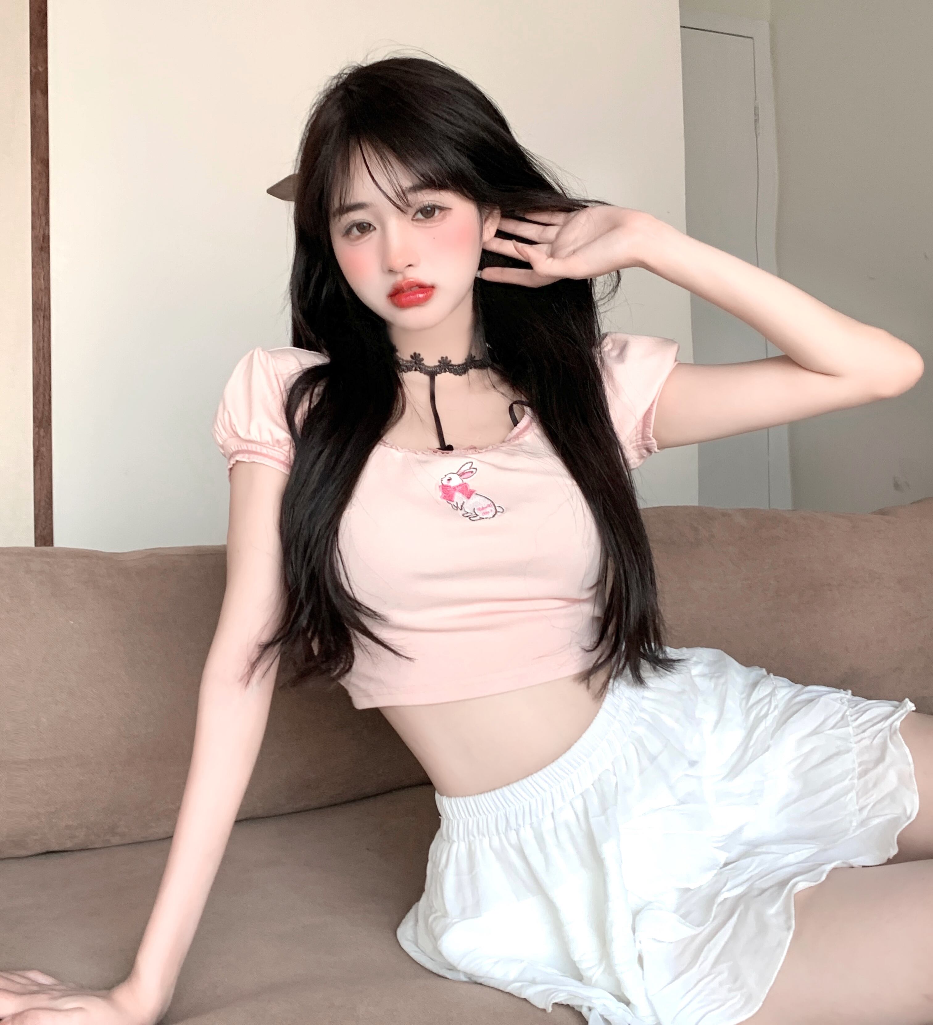 Tシャツ サマーショートハイウェストウェストスリムトップス ピンク 大人ガーリー スウィート キュート カジュアル 夏物 ピュア スクウェア ブラックストロベリース12333485215