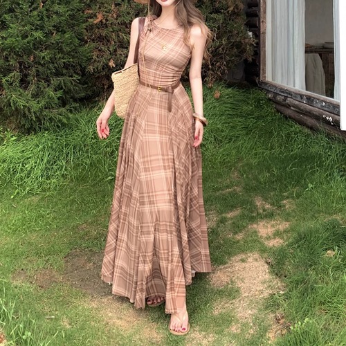 【2点セット】チェックウエストマークノースリワンピ＋ベルト ・69330