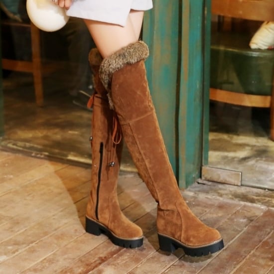 ファー付きニーハイブーツ ロングブーツ ニーハイ ベロア 太ヒール