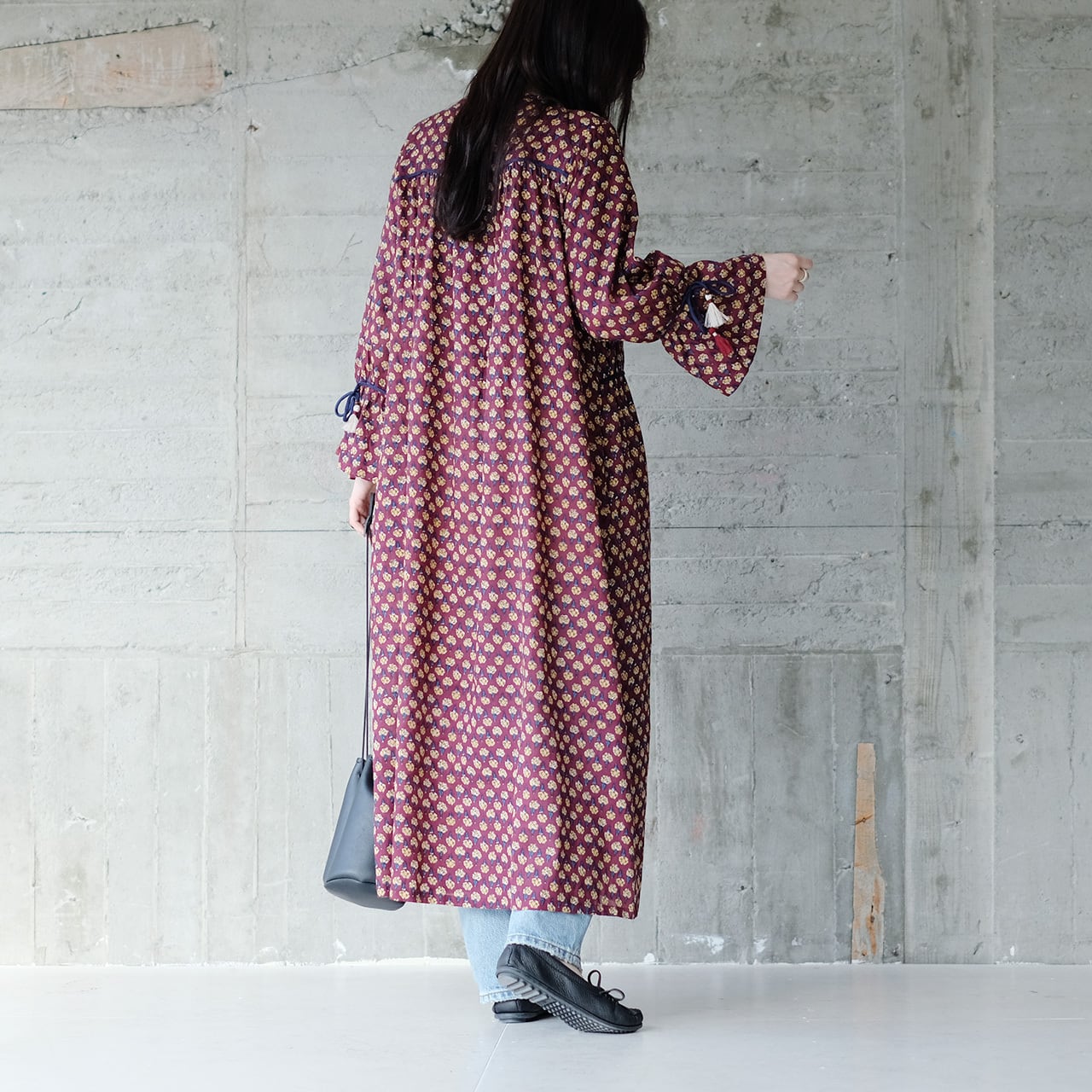 刺繍リボン＆タッセルが個性的！ブロックプリント長袖ワンピース（24w