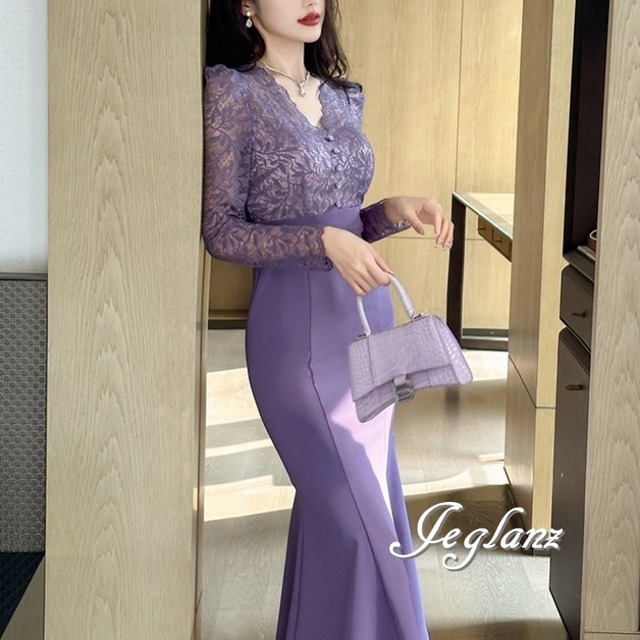 パーティ ドレス ワンピース 切替 レース マーメイドライン（MA704）ζ