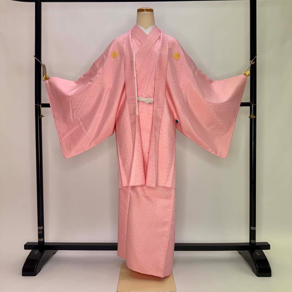 男紋付 男着物 紋付 ポリエステル 羽織 長着 裄74cm 2L size ピンク 五つ紋 中古 成人式 舞台衣装 5428