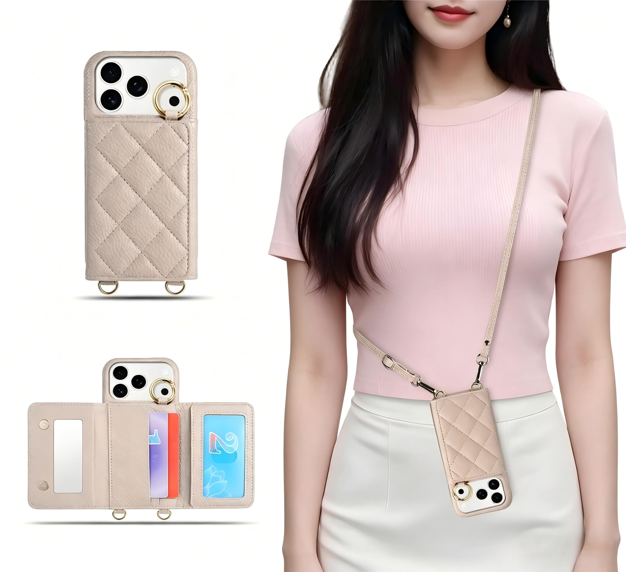 いphone17pro ケース ショルダー かわいい 肩紐 斜めがけ For あいふおん17プロケース ストラップ付き スマホケース 長さ調整可能 衝撃吸収 傷防止 耐衝撃 レディース 女子 用 (カーキ)