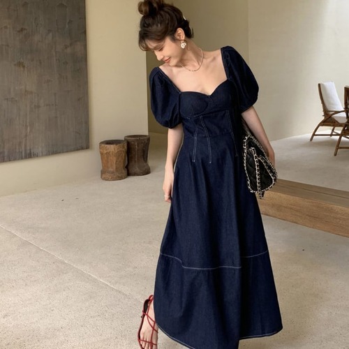 送料無料 春新作 ワンピース 春 夏 ロング マタニティ 無地 ロングワンピース レディース 韓国ワンピース 半袖 デニム ネイビー ブルー パフスリーブ レト