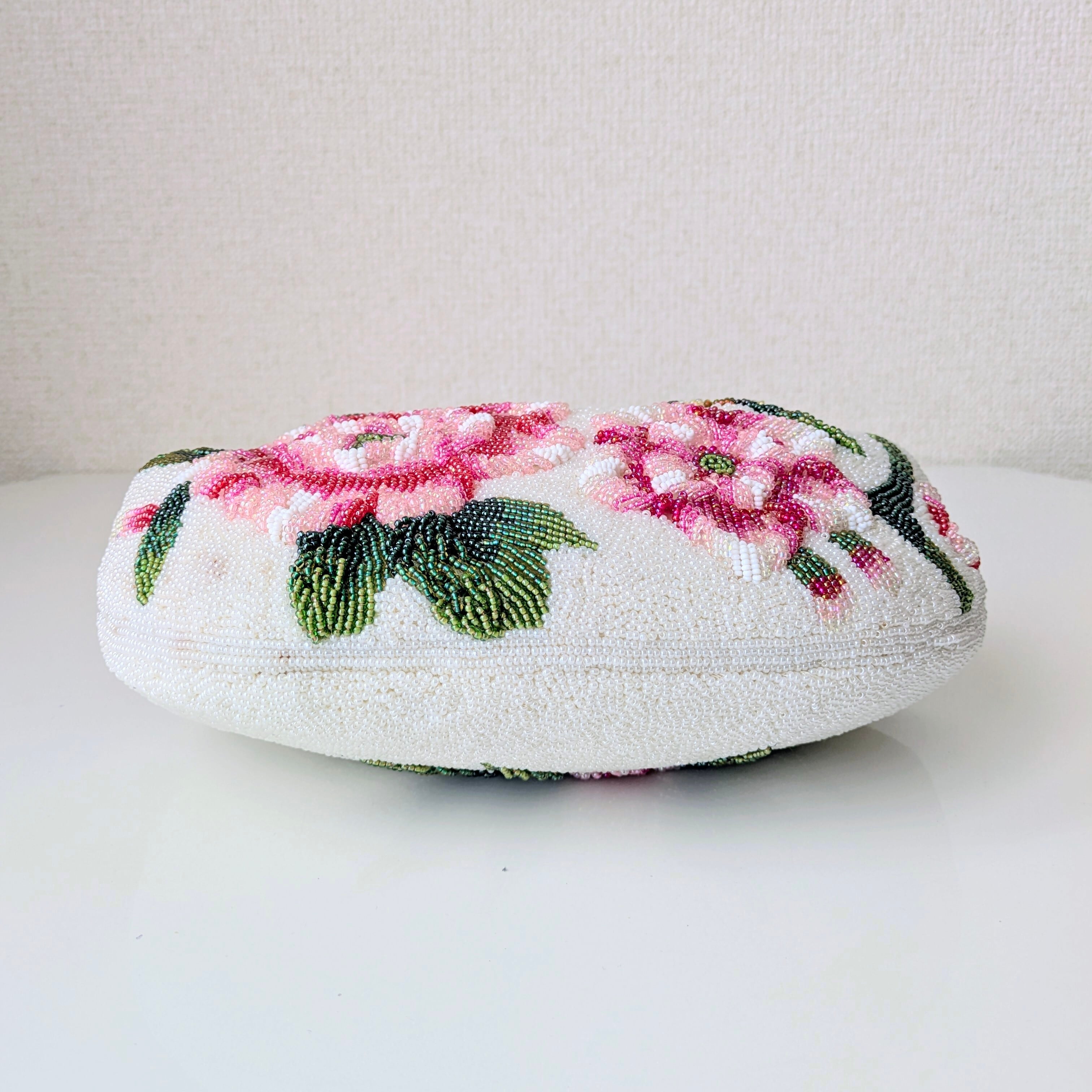 Vintage】ビーズ刺繍バッグ 白 花柄 べっ甲風 大き目サイズ パーティー