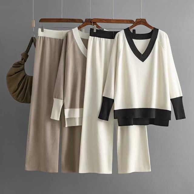 Causal Loose V Neck Tops &Wide Pants set 124566