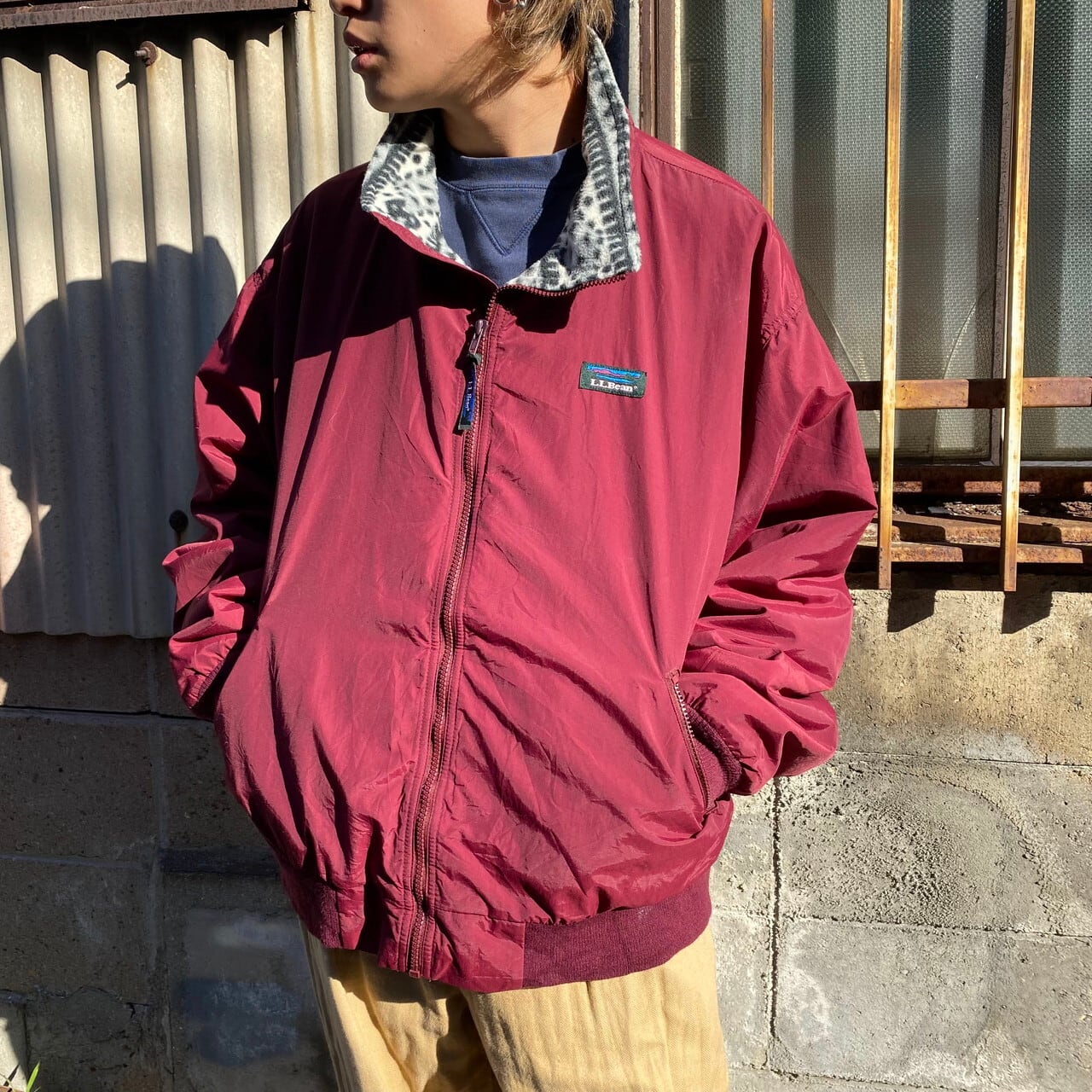 ビッグサイズ 80年代 USA製 山ロゴ カタディンロゴ L.L.Bean エルエルビーン Warm-up Jacket フリースライナー  ナイロンジャケット メンズ2XL相当 古着 80s ヴィンテージ ビンテージ ワインレッド ボルドー ノルディック柄 ウォームアップジャケット