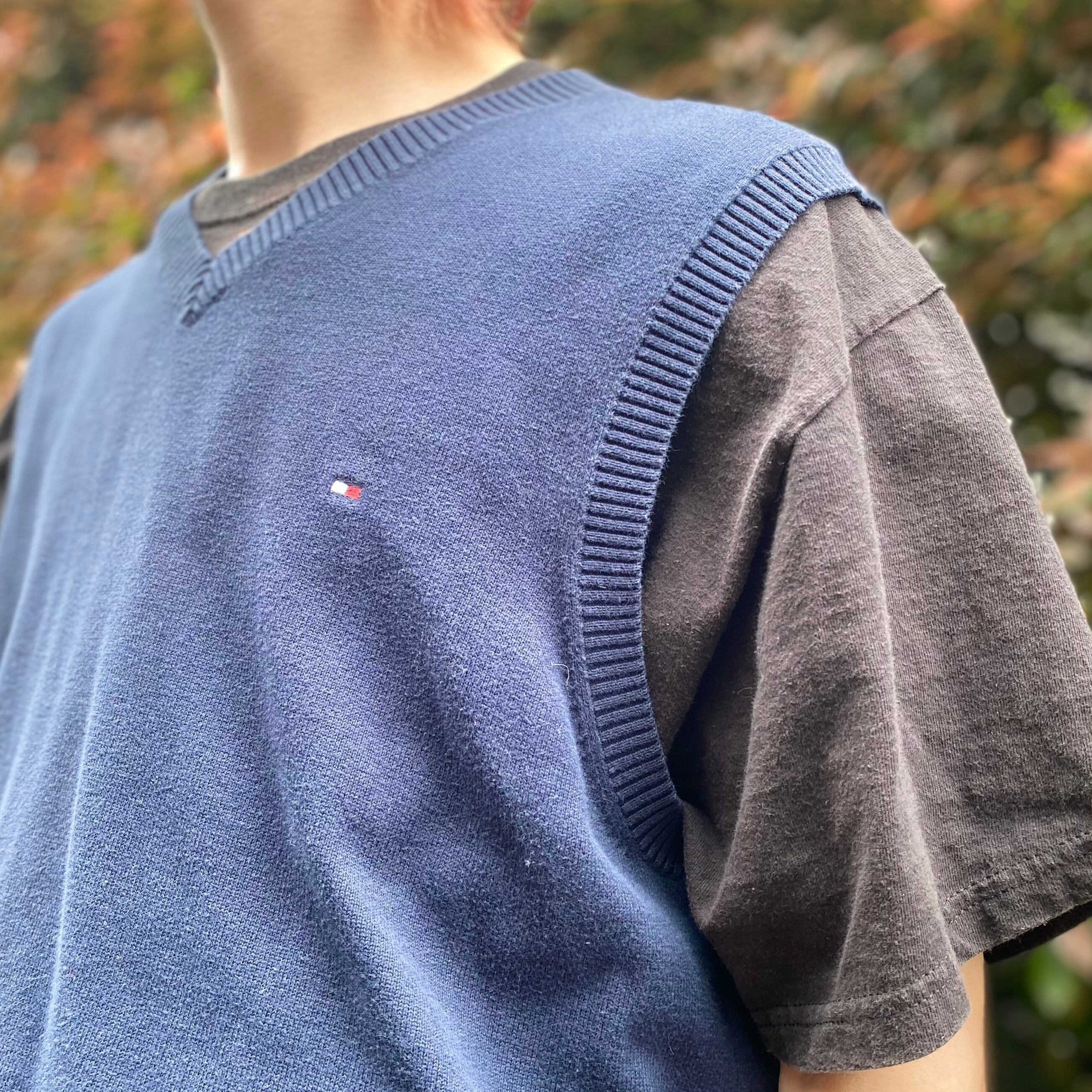 L』TOMMY HILFIGER トミーヒルフィガー ニットベスト コットン 紺 古着