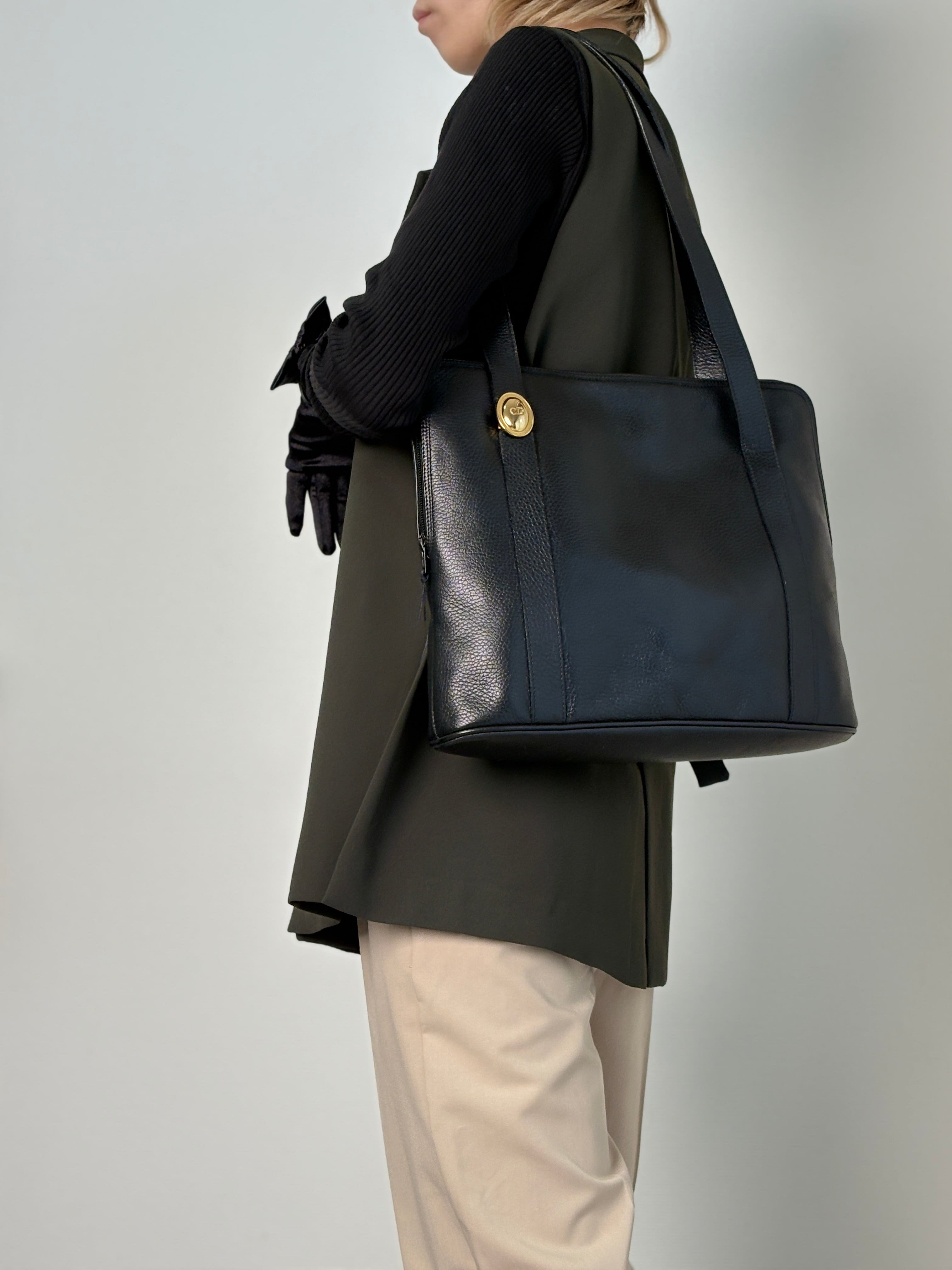 Christian Dior クリスチャン ディオール トートバッグ ブラック ロゴ オーバル レザー vintage ヴィンテージ オールド 5snjtv