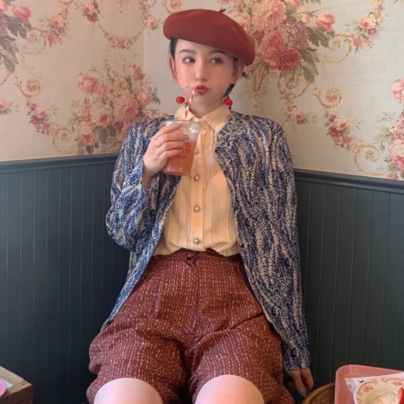 スプリングスタンダードストライプブラウス ハイウェストパンツ レースジャケット レディース レッド レトロ 刺繍 春物 YY-ファッション99209651271