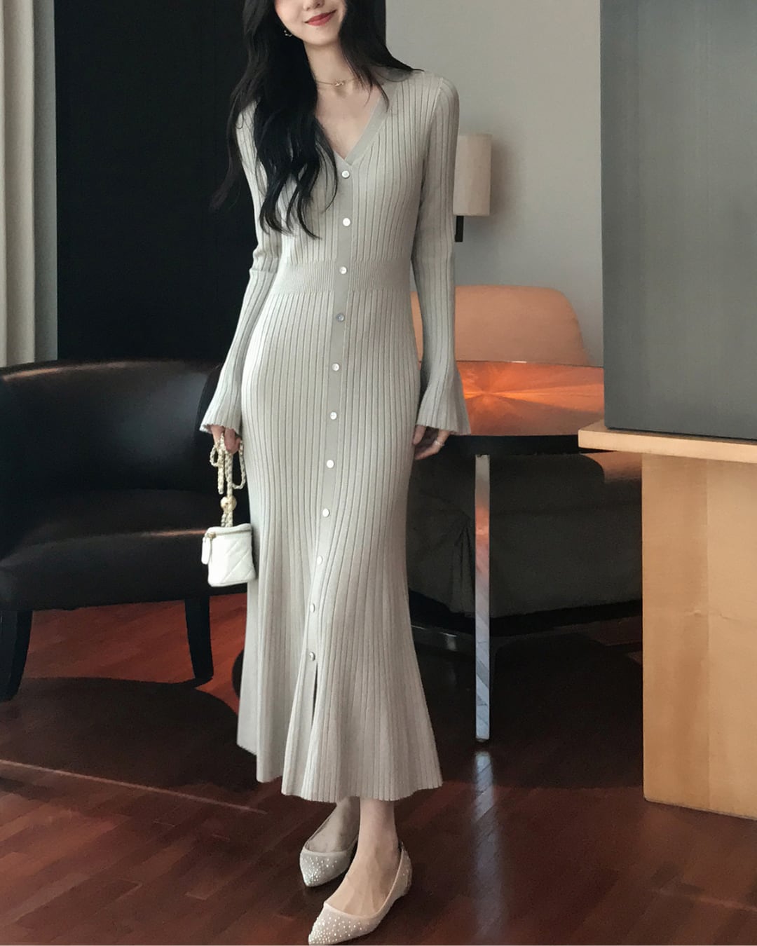 Vネックボタンリブニットワンピース l5089