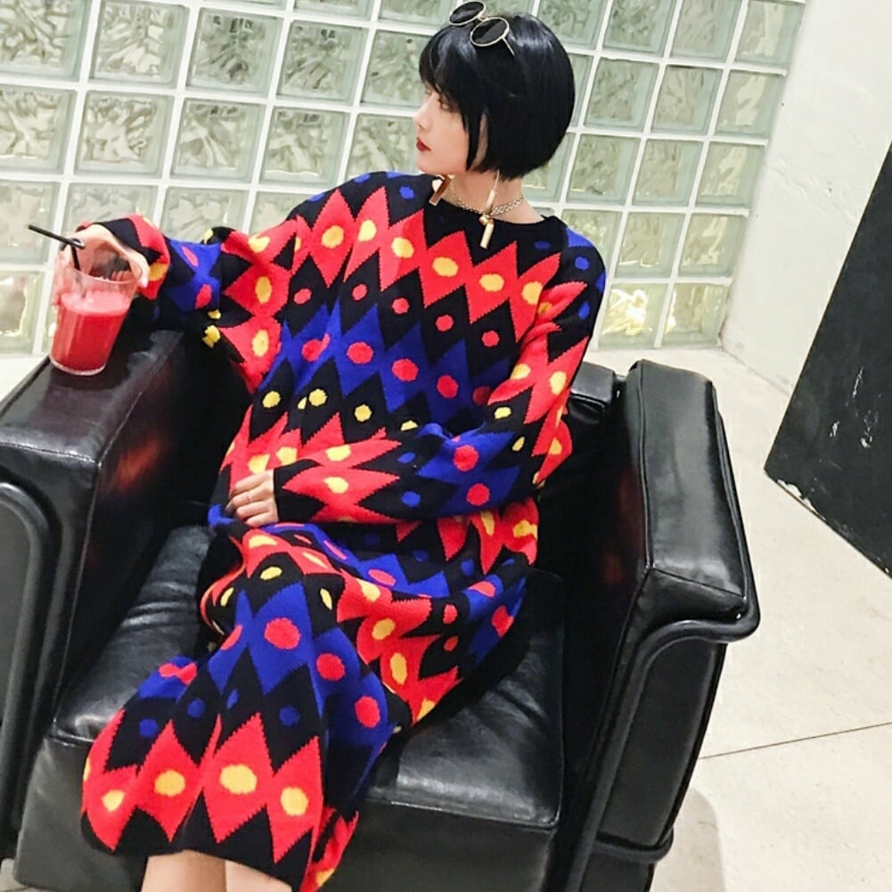 個性的なPOPな色/菱形＆ドット模様のロングニットワンピース | silvia