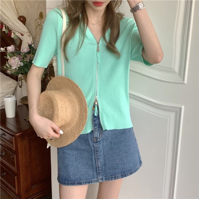 ショートセーター レディーススタンダードフードカーディガンジャケット スプリングサマースタイルスリム レトロ 春物 夏物 モンロー23327311311