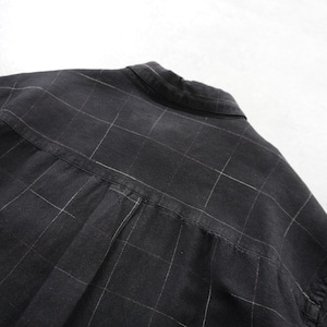 90s PERRY ELLIS Linen Rayon Windowpane Plaid Shirt black [L] 古着