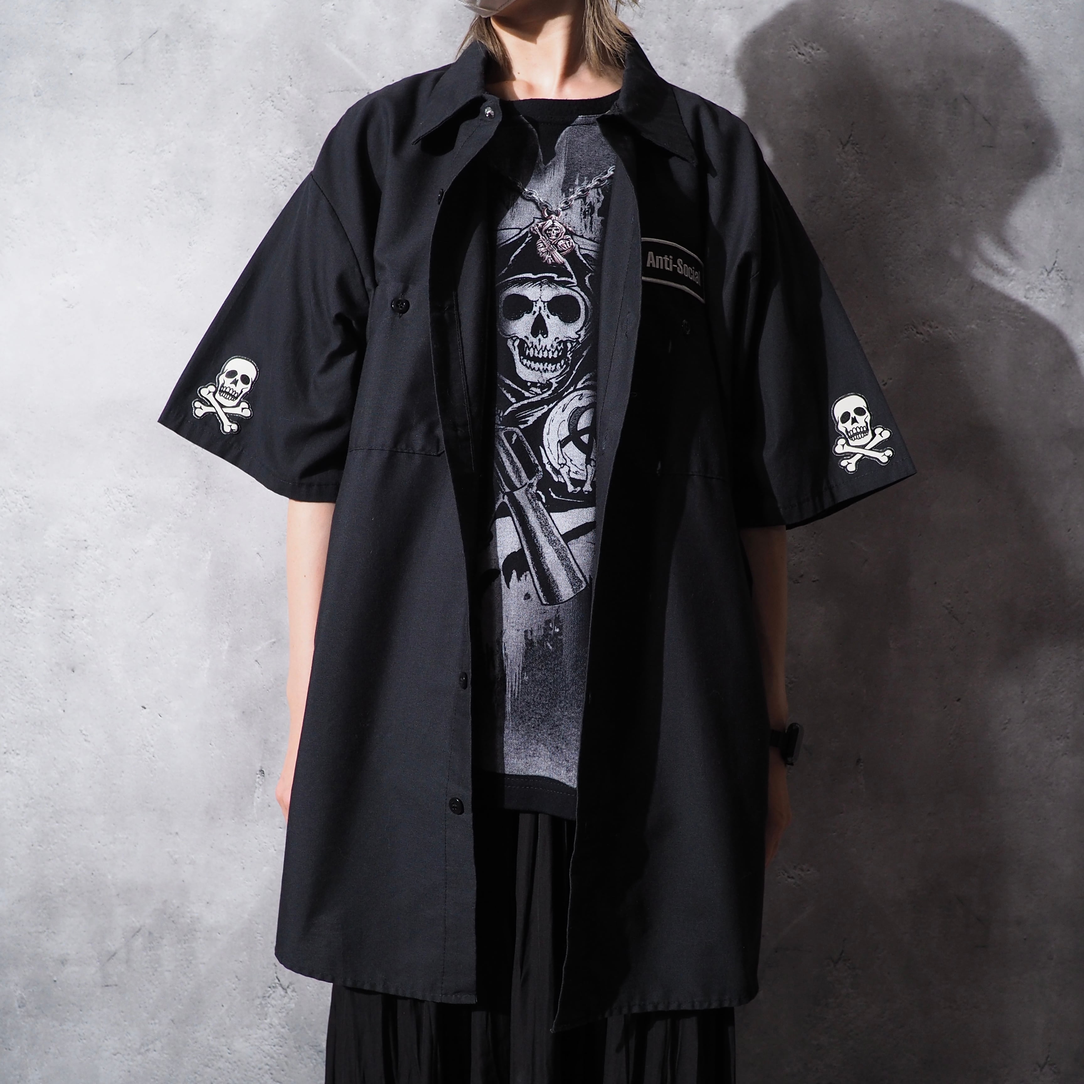 ” Red kap ” ” Anti Social ” cross skull embroidery black work shirt