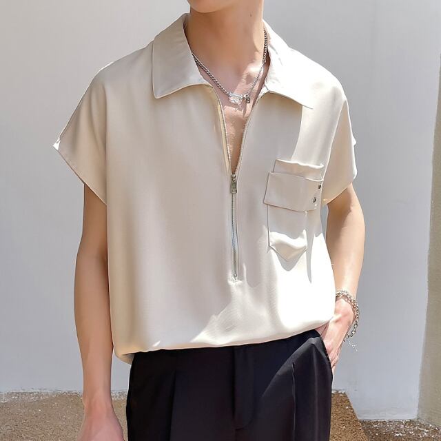 【予約販売】シャツ カットソー トップス 半袖 ジップアップ プルオーバー メンズ ホワイト ブラック ベージュ 無地 こなれ感 カジュアル シンプル モード お洒落 韓国 トレンド 春 夏 M/L/XL/2XL