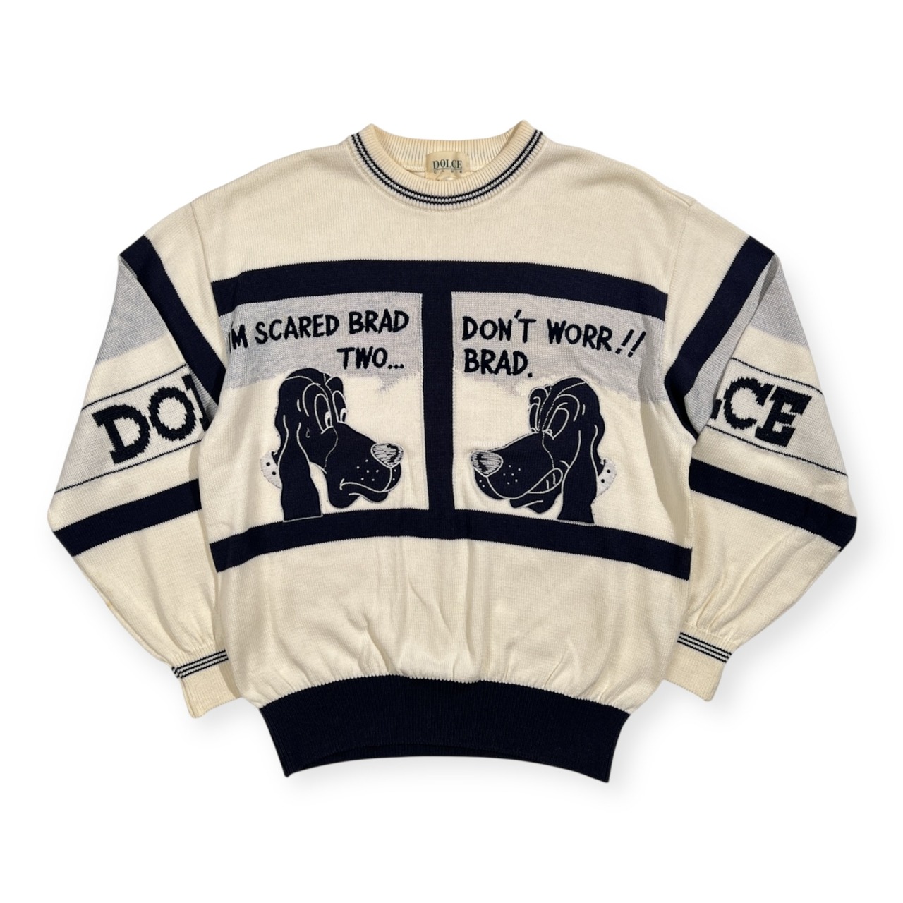 DOLCE CLUB ドルチェ ドッグデザイン コットンニット セーター サイズ 46 /ワールド/日本製/ホワイト×ネイビー
