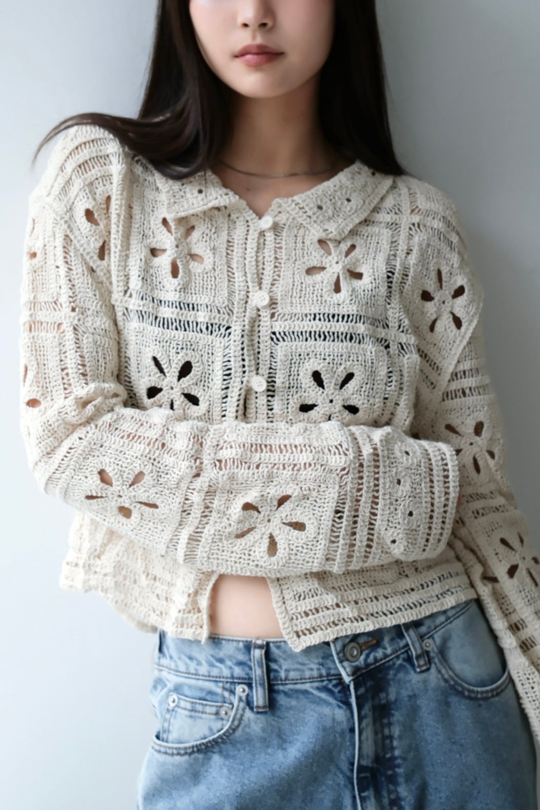 Crochet Knit Cardigan カギ編みニットカーディガン White | planet3rd