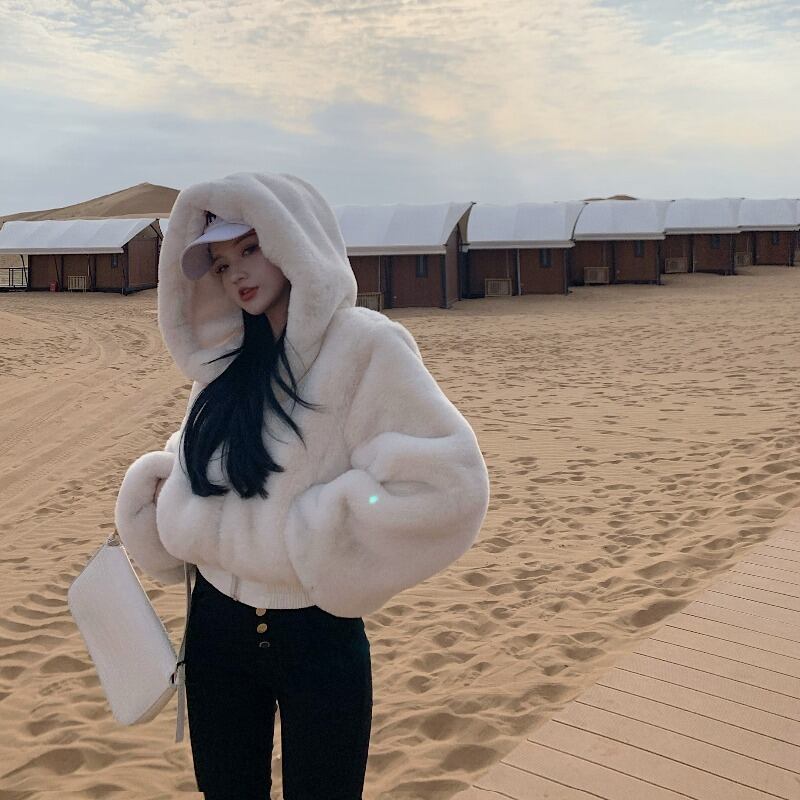 ショートコート ルーズカジュアルフードトップス オータムウィンタースタイル 秋物 冬物 ブラックストロベリース54013761742