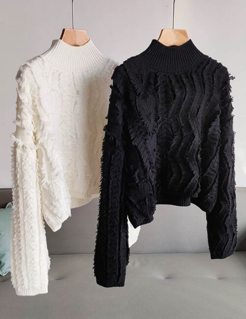 Soft Fringe High-Neck Knit