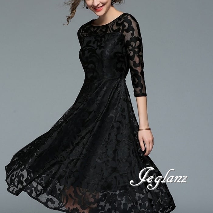 3色 パーティ ドレス レース 刺繍 ワンピース 透け感 7分袖(M8994)★ ζ