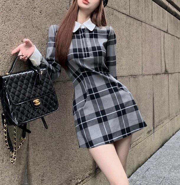襟付きグレーレトロチェック柄ミニワンピース | selectshop.selepuu 
