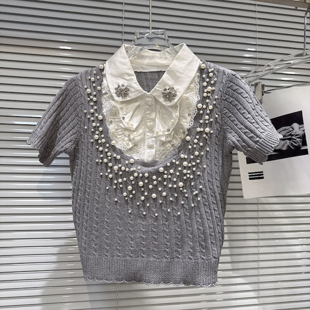 Fake layered pearl knit　M2941