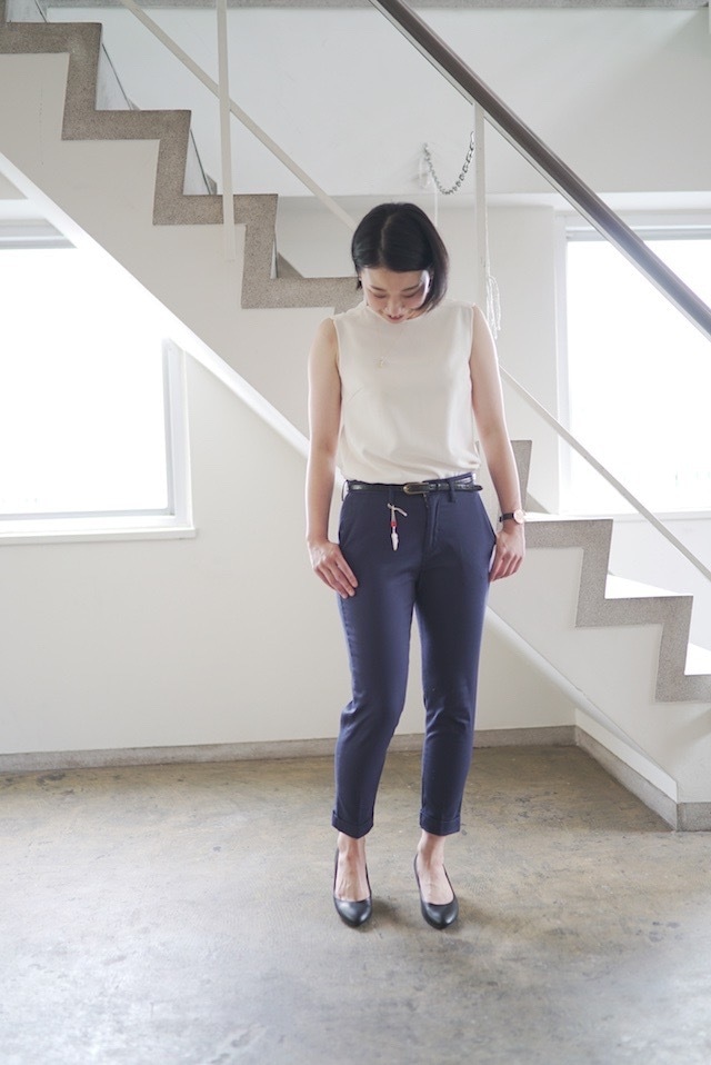 【レディス】 ストレッチピケトラウザー ズ（ ネイビー  ）小柄さんも綺麗に穿けるアンクルテーパード,日本製,
