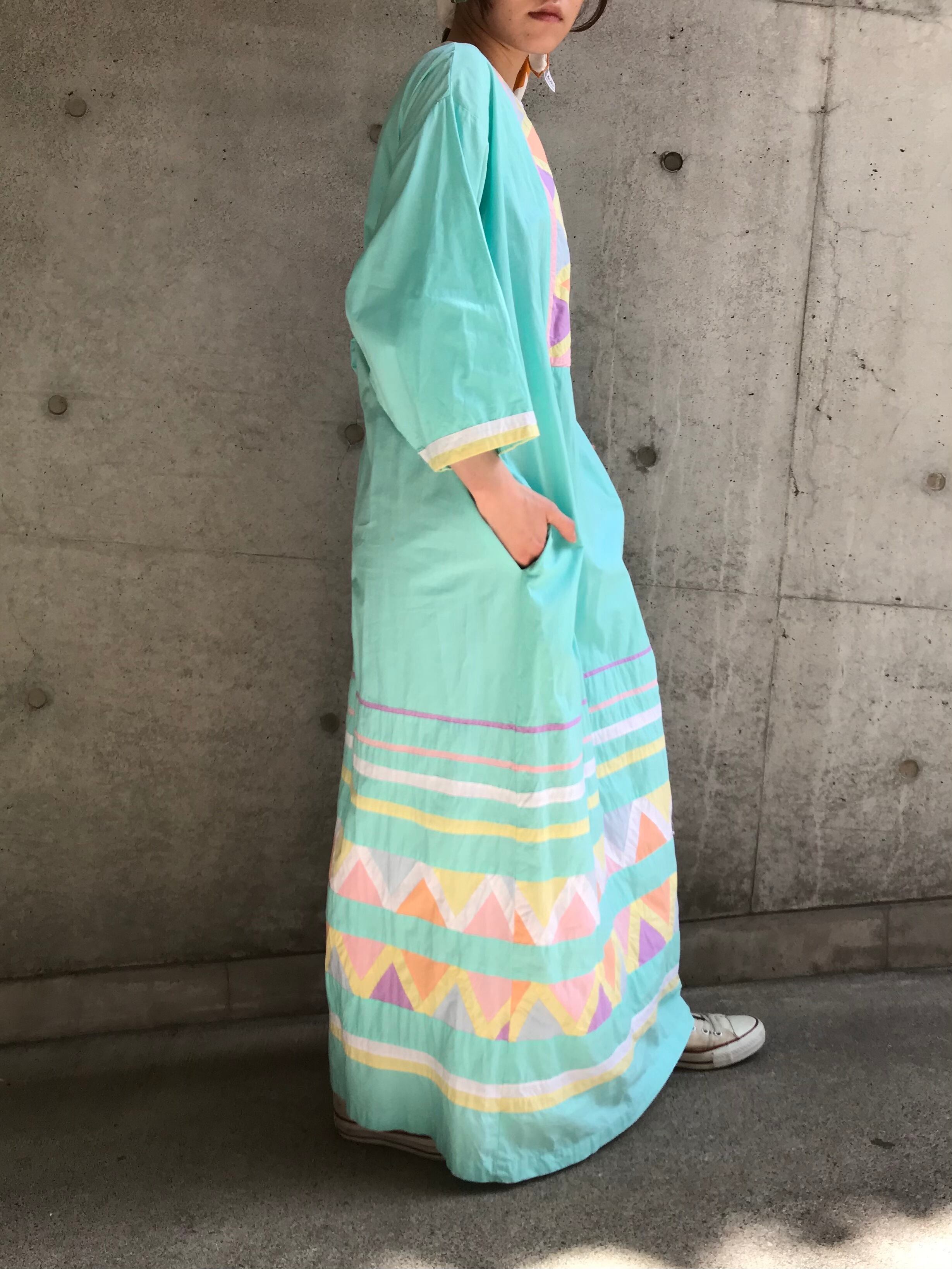 70s ice blue × patchwork indian cotton dress ( ヴィンテージ アイス