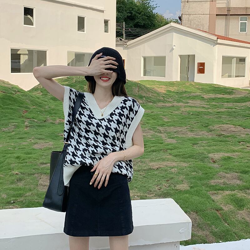 千鳥柄ニットベスト 韓国レディースファッション通販 Krex ケーレックス
