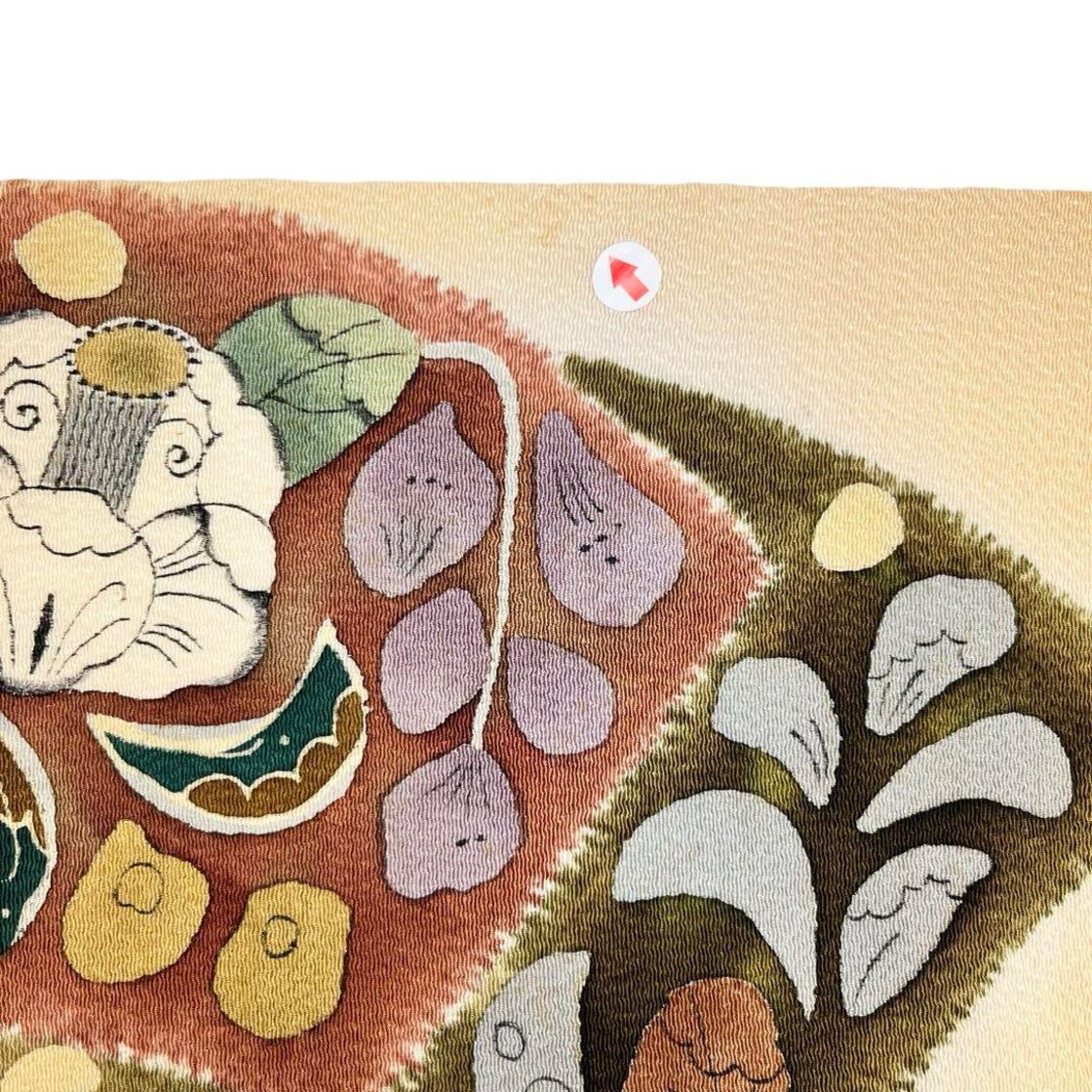 名古屋帯 手描き 地紙に美しい辻が花模様 薄卵色 縮緬 O-3878 