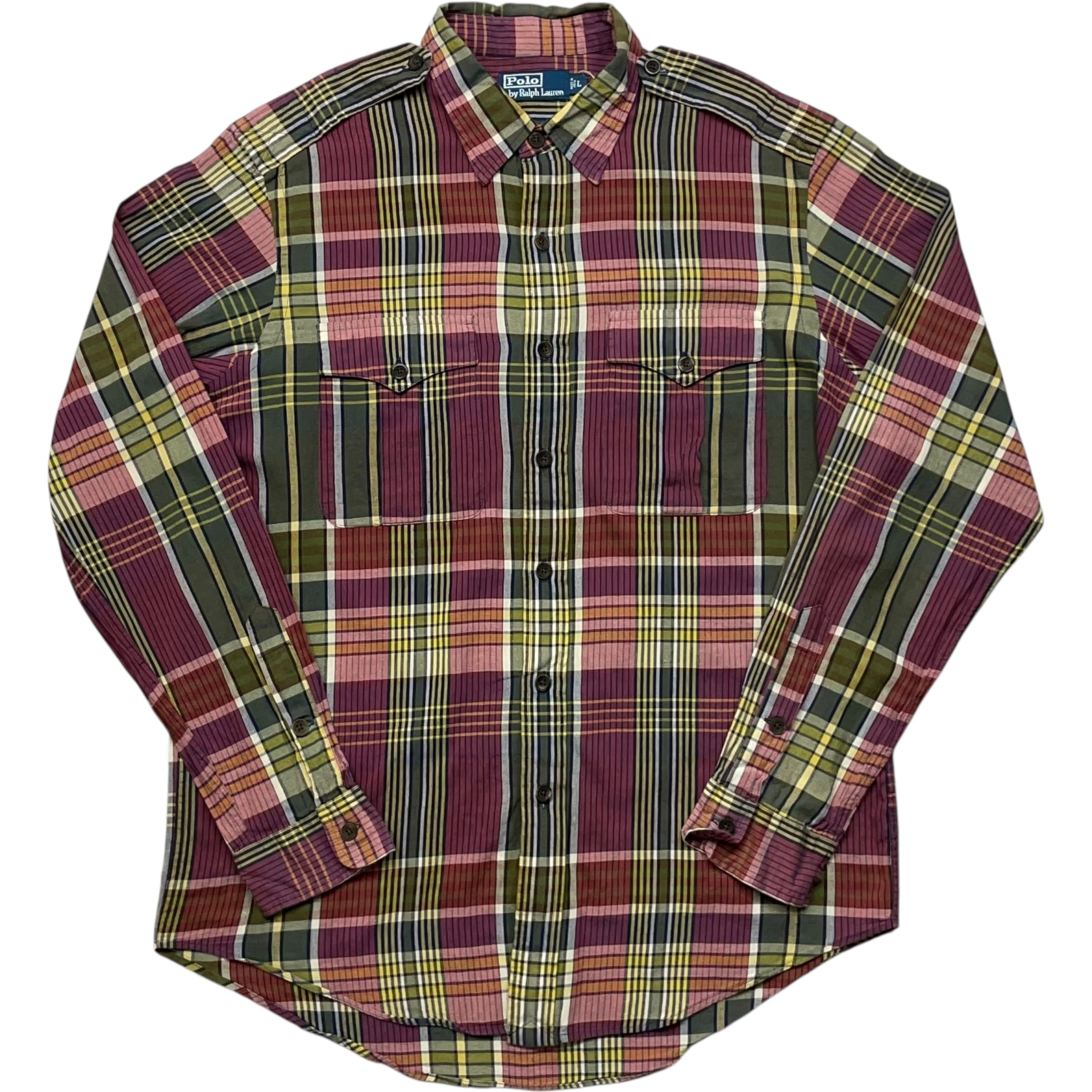 《L》 Polo by Ralph Lauren ポロバイラルフローレン リネンシャツ エポレット チェックシャツ no.8824