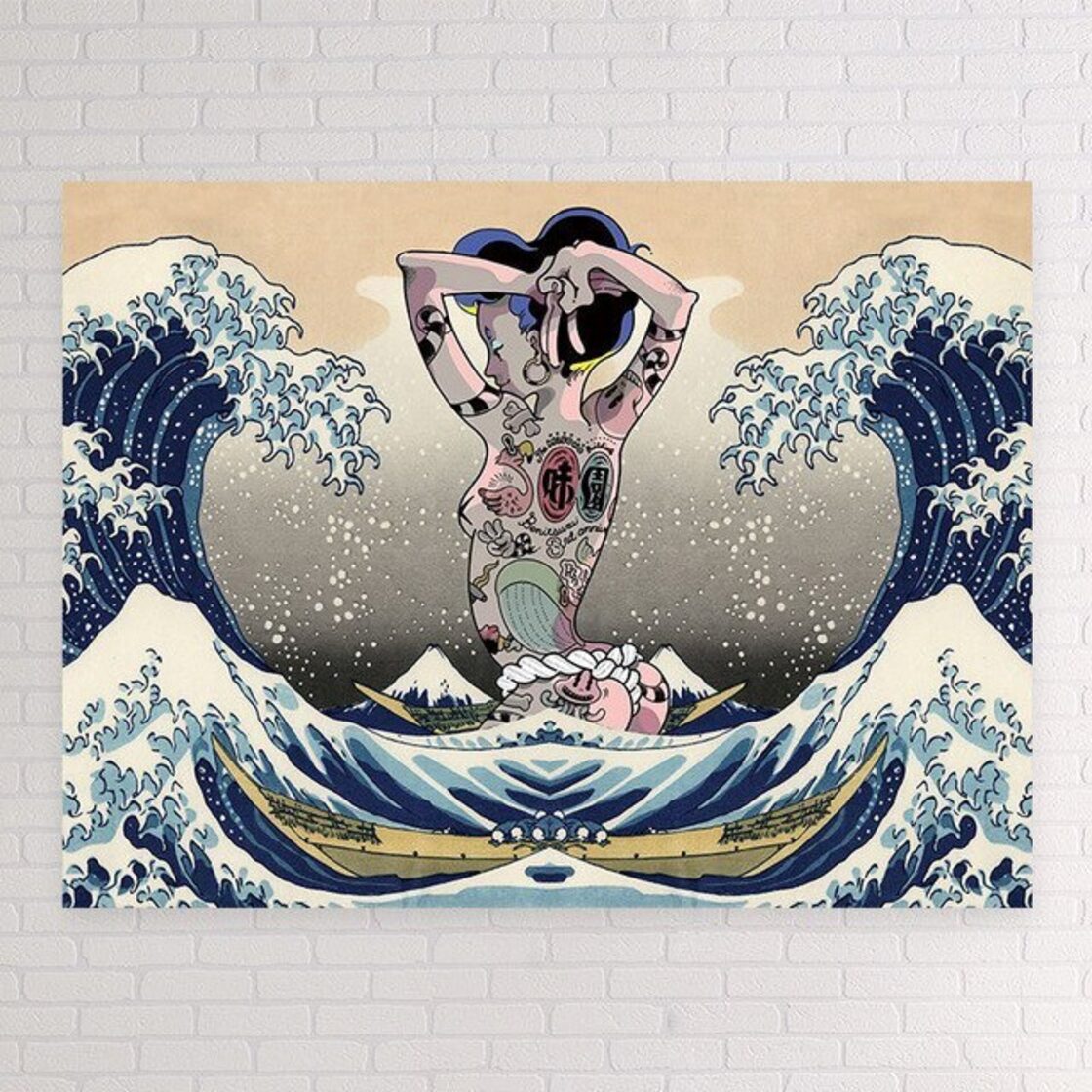 送料無料 壁掛けタペストリー 浮世絵 葛飾北斎 冨嶽三十六景風 神奈川 