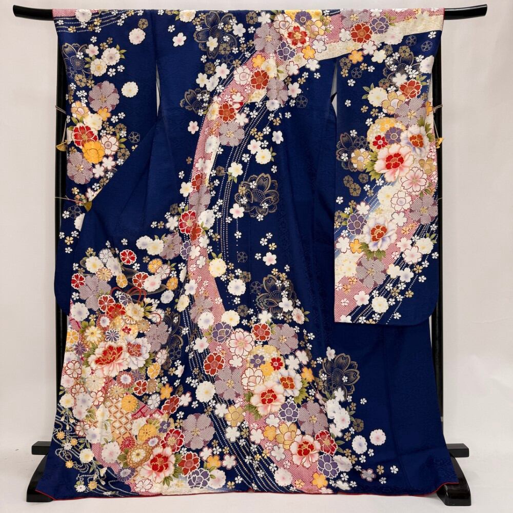 振袖 中古 青 正絹 古典 裄69cm 身丈176cm 美品 L サイズ 成人式 6170