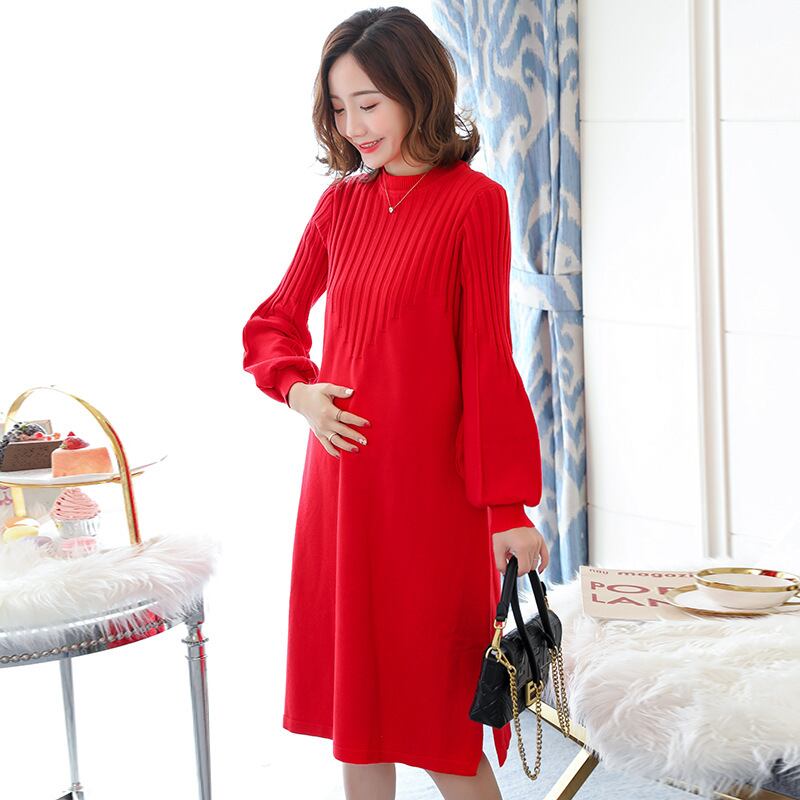 【新作】【送料無料】 マタニティウェア2020秋冬新作ニットフレアスリーブルーズドレス レッド オータム 秋物 ウィンター 冬物 expec217654030683