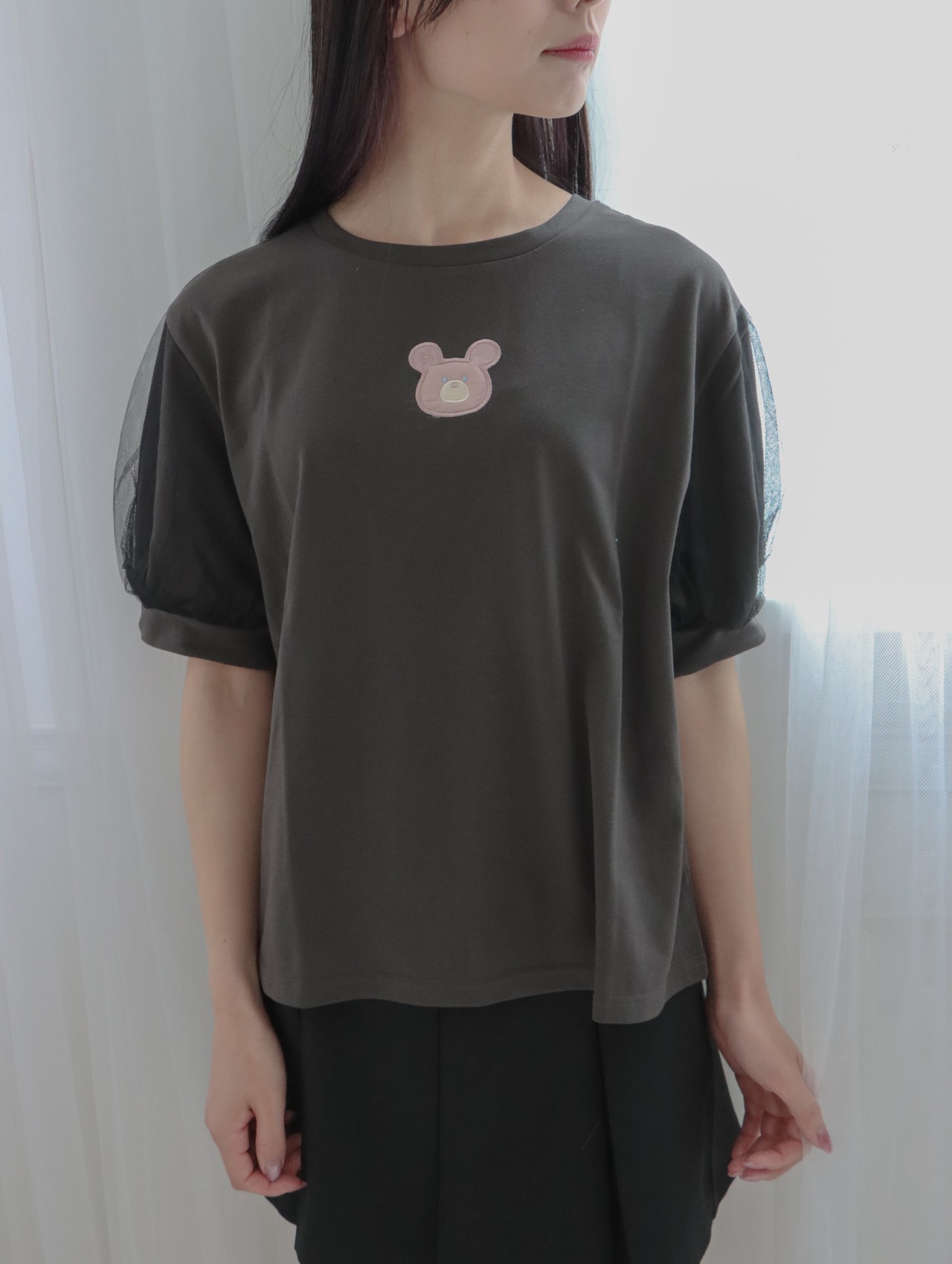 袖チュール 切替 くま ワンポイント Tシャツ - 4