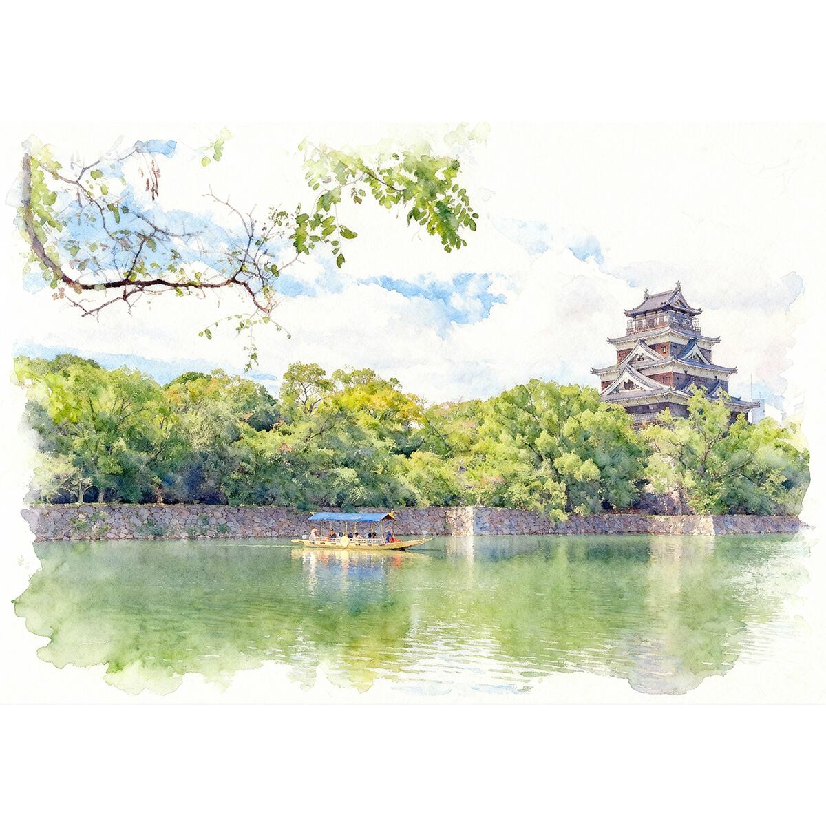 絵画 風景画 日本の城 広島県広島城 インテリアアート額付き 水彩画・油絵風 WAT1649