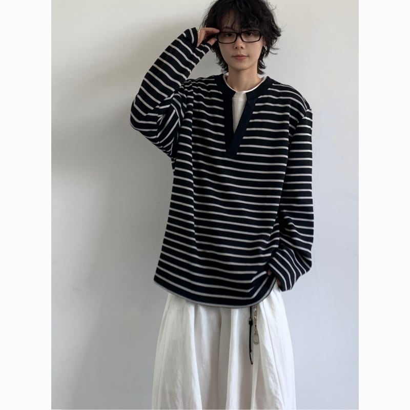 jiwuusフェイクレイヤードストライプ長袖Tシャツ