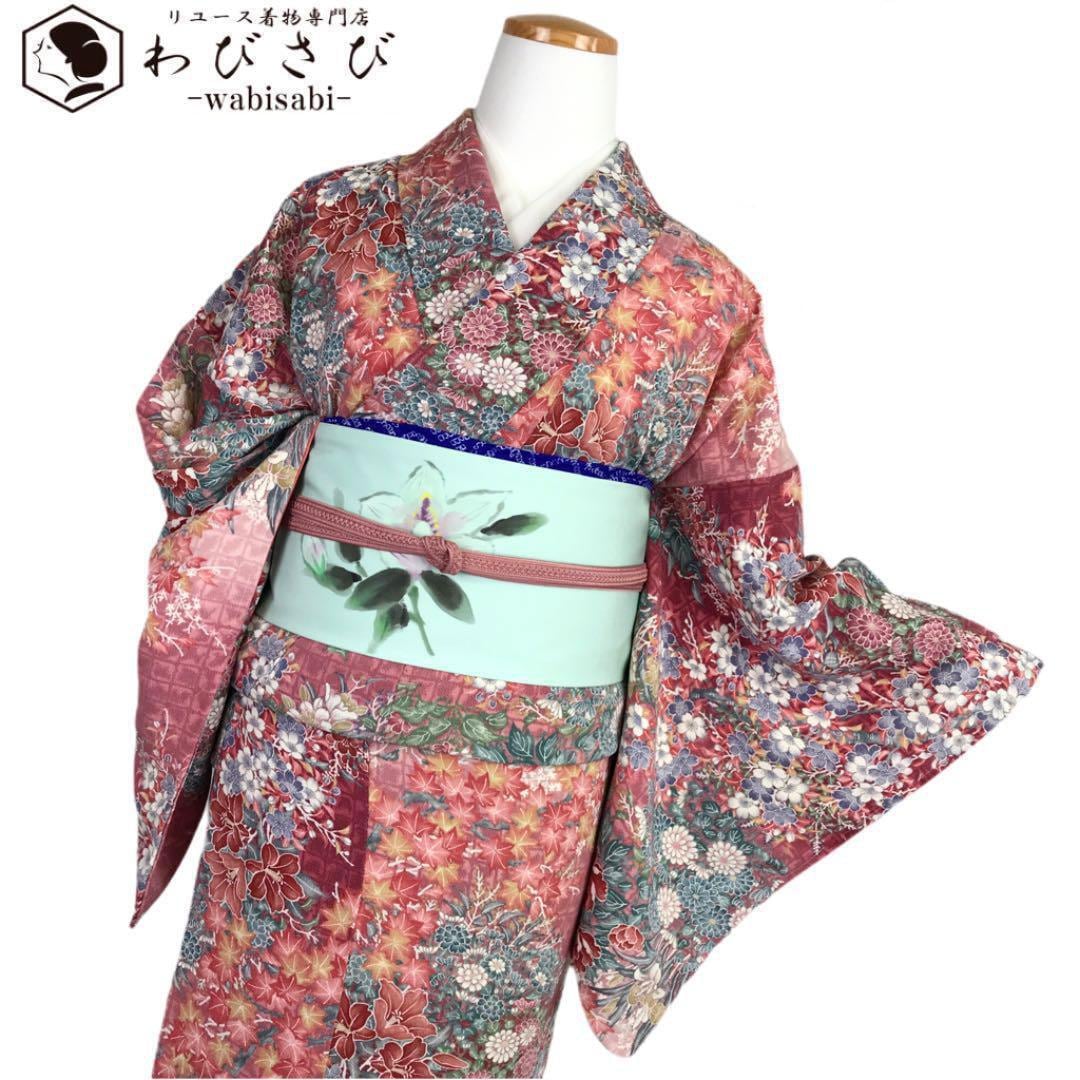 Sお仕立て上がり正絹小紋グリーン地に花柄縮緬生地 - 小紋 