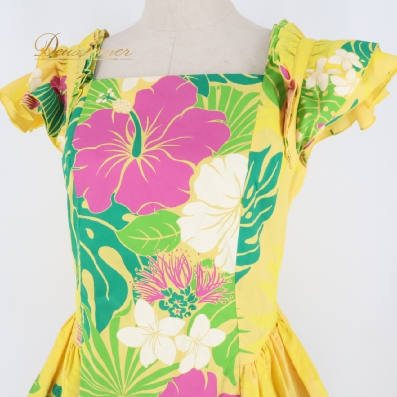 フラダンス 衣装 ワンピース ドレス マーメイドライン エムエムジェイ イエロー系 MermaidLine MMJ 日本製 ハイビスカス柄 モンステラ柄 フリル かわいい 華やか 鮮やか 明るい ハワイアン アロハ ハワイアンプリント フラ ダンス レッスン