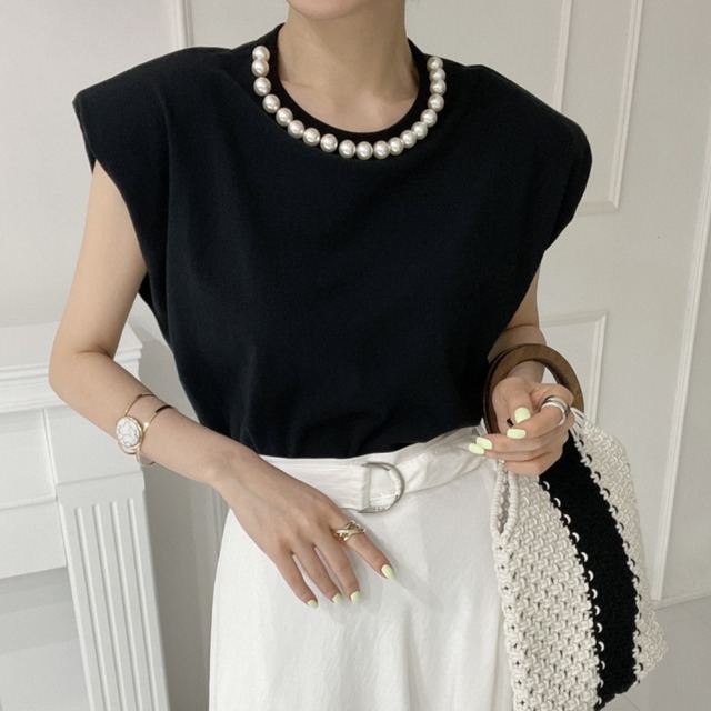 ラウンドネック パール Tシャツ-ブラック