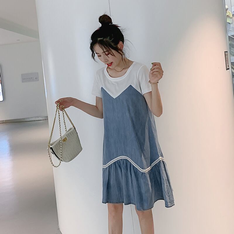 【新作】【送料無料】 マタニティドレス2019夏の新しいスタイルの半袖ドレスファッションデニムステッチミドルレングスのマタニティドレス-アリババ ショート ハーフスリーブ サマー 夏物 expec234748452853